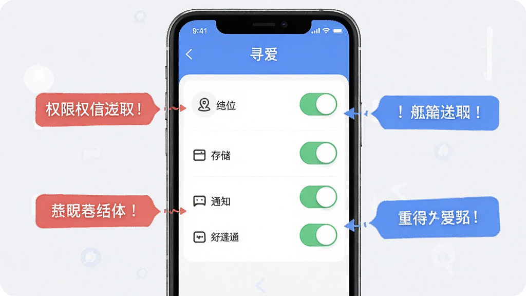 һ����Ϣͼ�����ֻ����棬չʾ��Ѱ����APP��Ȩ������ҳ�棬�ж�λ���洢��֪ͨ�ȿ��ذ�ť���Ա��к�ɫ����ɫ����ʾ��ע��������࣬����ִ������������ɾ����޶���Ԫ��