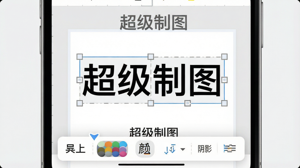 一张展示超级制图App文字编辑功能的图片,画面主体为手机屏幕,屏幕内显示一个正在编辑的文字图层,文字“超级制图”被选中,周围有调整边框,底部弹出字体、颜色、大小、阴影等编辑工具栏,整体布局直观,风格现代简洁,配色以白灰为主,画质干净无多余元素,图片中文字标注“超级制图”。