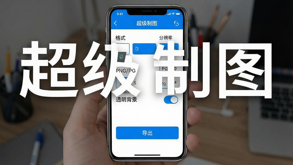 一张展示超级制图App导出设置的图片,画面主体为手机屏幕,屏幕内显示导出界面,有格式选择(PNG/JPG)、分辨率选项、透明背景开关,下方有“导出”按钮,整体布局清晰,风格简洁实用,配色以蓝白为主,画质高清无多余元素,图片中文字标注“超级制图”。