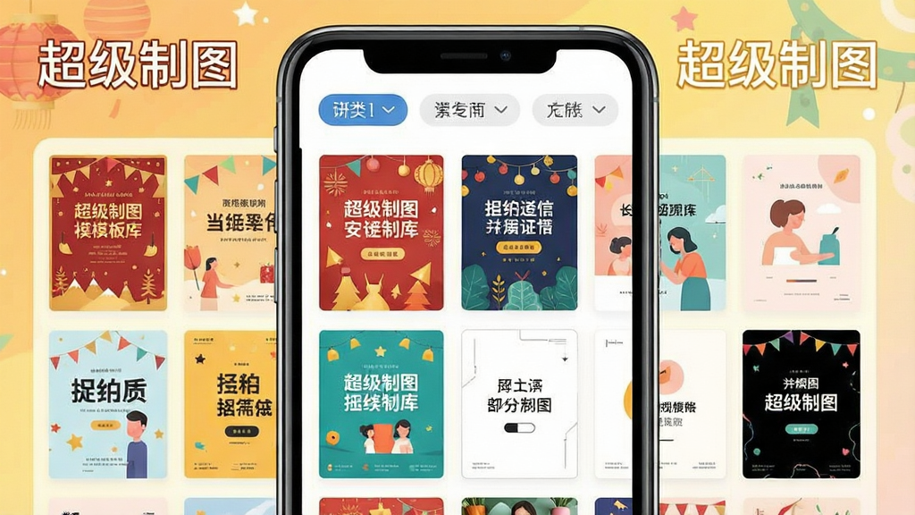 一张展示超级制图App模板库的图片,画面主体为手机屏幕,屏幕内显示多个不同风格的海报模板缩略图整齐排列,有节日主题、促销主题和简约风格,顶部有分类筛选栏,整体布局清晰,风格明亮活泼,配色丰富但和谐,画质干净无多余元素,图片中文字标注“超级制图”。