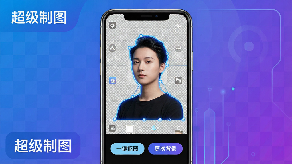 一张展示超级制图App AI抠图功能的图片,画面主体为手机屏幕,屏幕内显示一张人物照片正在被自动抠图,人物轮廓被高亮显示,背景部分变成透明网格,下方有“一键抠图”“更换背景”等按钮,整体布局简洁,风格科技感强,配色以蓝紫渐变为主,画质高清无多余元素,图片中文字标注“超级制图”。