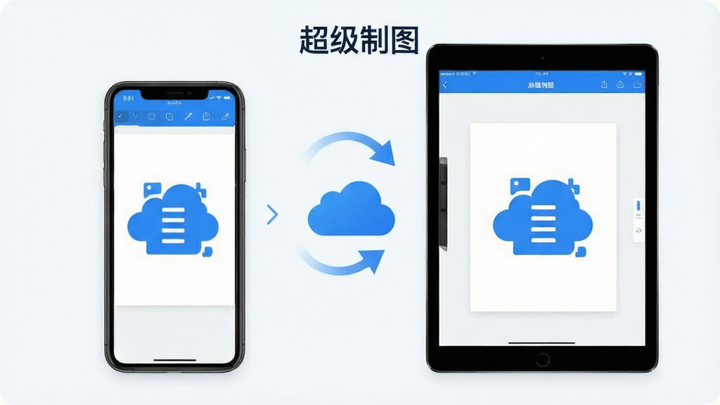 一张展示超级制图App云端同步功能的图片,画面主体为手机和平板并排显示,两台设备屏幕上都显示超级制图App的同一个作品界面,中间有云朵图标和同步箭头连接,整体布局对称,风格科技简约,配色以蓝白为主,画质干净无多余元素,图片中文字标注“超级制图”。