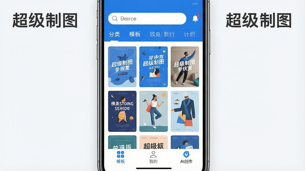 一张展示超级制图App核心界面的图片,画面主体为一部智能手机,手机屏幕显示超级制图App的模板选择界面,上方有搜索框和分类标签,中间是网格排列的各类海报模板,底部有“模板”“我的”“AI创作”等导航按钮,整体布局清晰,风格现代扁平,配色以蓝白为主,细节干净,画质高清无多余元素,图片中文字标注“超级制图”。