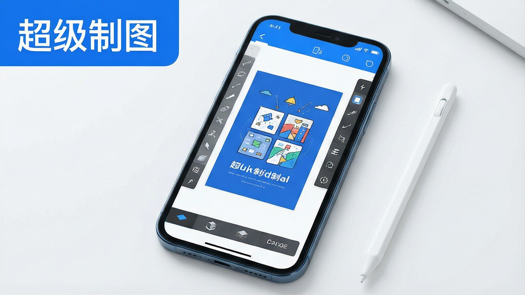 一张展示超级制图App在手机上运行的图片,画面主体为手机屏幕,屏幕内显示超级制图App的编辑界面,画布上有一张正在制作的海报,周围有工具栏和图层按钮,手机旁边放着一支触控笔,整体布局清晰,风格现代简约,配色以蓝白为主,画质高清无多余元素,图片中文字标注“超级制图”。