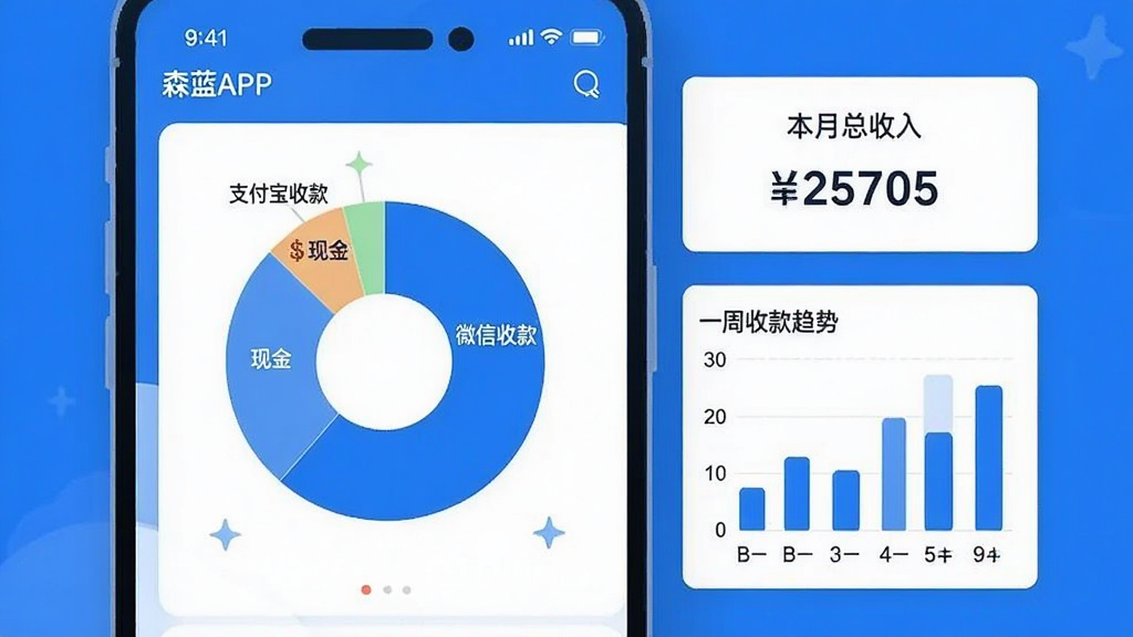 森蓝APP的账单统计界面截图风格插画,手机屏幕中间显示饼状图和柱状图,饼图标注“微信收款”“支付宝收款”“现金”等分类,柱状图显示一周的收款趋势,旁边有“本月总收入”的数字卡片,整体配色为蓝色和白色,风格简洁现代,数据清晰,画质干净,无多余装饰元素