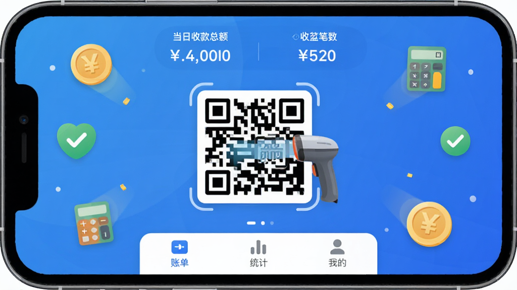 手机屏幕中心显示森蓝APP的收款主界面,蓝色渐变背景,顶部显示当日收款总额和笔数,中间是一个大大的收款二维码和扫码枪图标,底部为账单、统计和我的三个选项卡,周围环绕着金币、对勾、计算器等小图标,整体布局清晰,文字标签明确,风格现代扁平,细节圆润,画质干净无多余元素