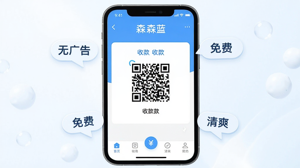 森蓝APP的主界面特写,手机屏幕显示干净的收款页面,没有任何广告横幅和弹窗,顶部有“森蓝”logo,中间是收款码,底部导航栏清晰,屏幕周围有“无广告”“免费”“清爽”等小标签漂浮,风格简洁明亮,配色清新,画质干净,无多余元素