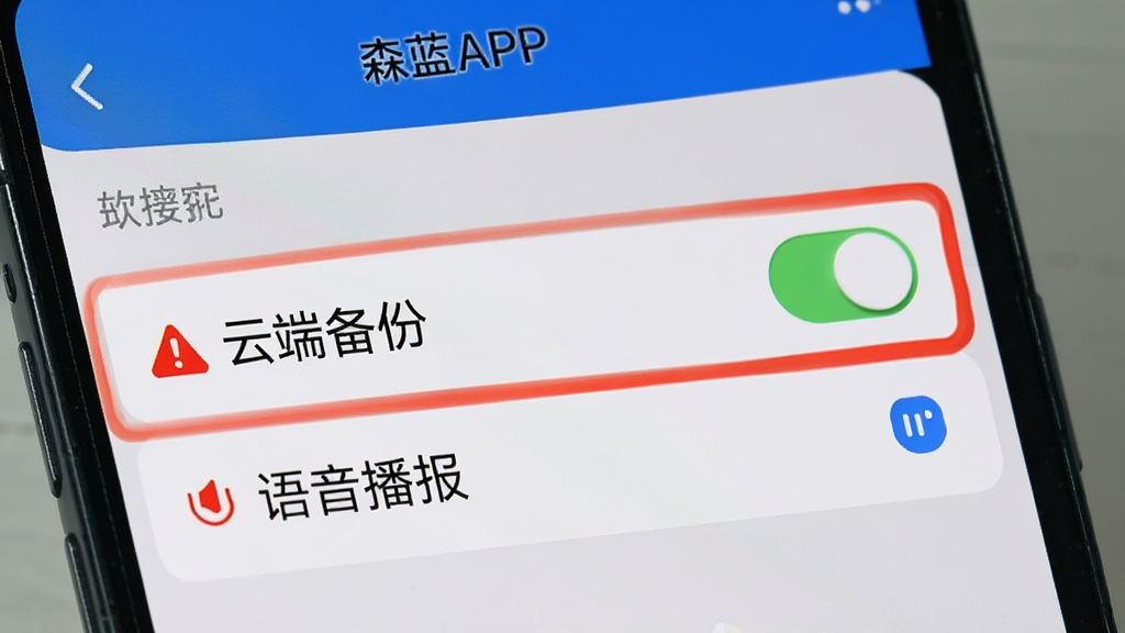 手机屏幕显示森蓝APP的设置页面,高亮标注“云端备份”开关和“语音播报”选项,旁边有红色警示图标和蓝色提示图标,背景是手机系统设置风格的浅灰色,整体布局清晰,重点突出,画质干净,无多余元素