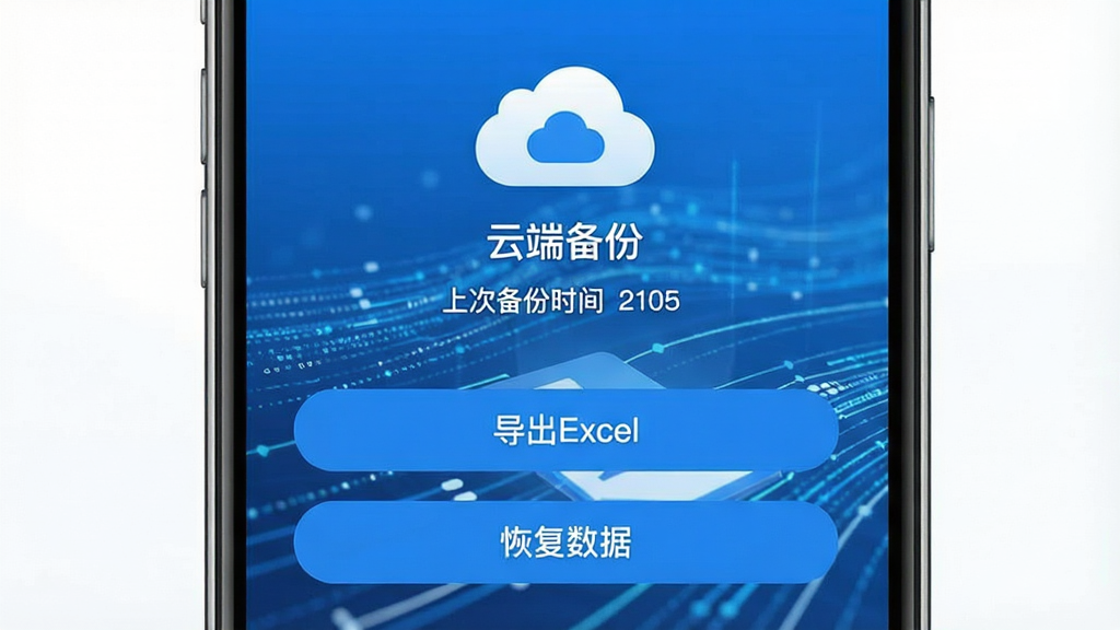 森蓝APP的数据备份与导出界面,手机屏幕上方显示“云端备份”的云朵图标和“上次备份时间”的文字,下方有“导出Excel”和“恢复数据”两个按钮,背景是抽象的数据流线条,象征数据安全传输,风格科技感但简洁,配色蓝白为主,画质干净,无多余元素