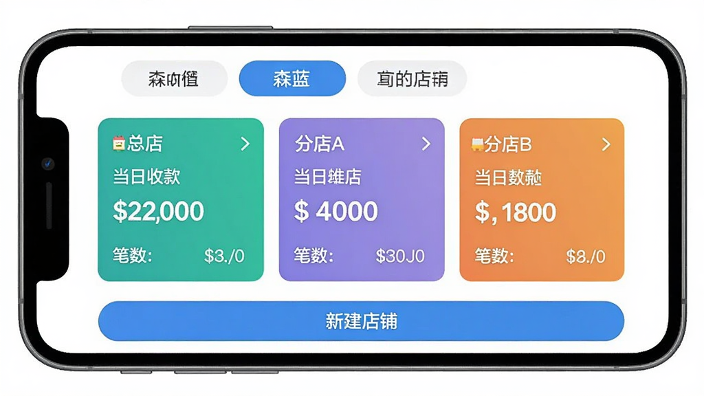 森蓝APP的多店铺管理界面,手机屏幕显示三个店铺的卡片,分别标注“总店”“分店A”“分店B”,每个卡片上有当日的收款金额和笔数,卡片颜色不同以便区分,顶部有切换店铺的标签栏,底部有“新建店铺”按钮,风格扁平化,布局整齐,画质清晰,无多余元素