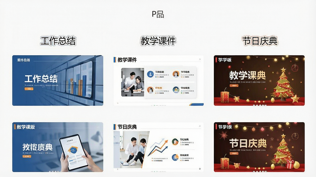 一张展示优品PPT免费模板分类页面的图片,画面中整齐排列着多个PPT模板的缩略图,缩略图上方有“工作总结”“教学课件”“节日庆典”等文字标签,界面风格清爽,排版规整,画质清晰,无多余元素