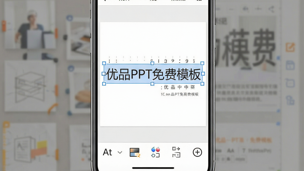 一张手机屏幕显示优品PPT免费模板的编辑界面,画面中正在修改一页幻灯片,标题文字被选中,底部工具栏显示字体、颜色、对齐等图标,界面风格简洁直观,画质干净,无多余元素