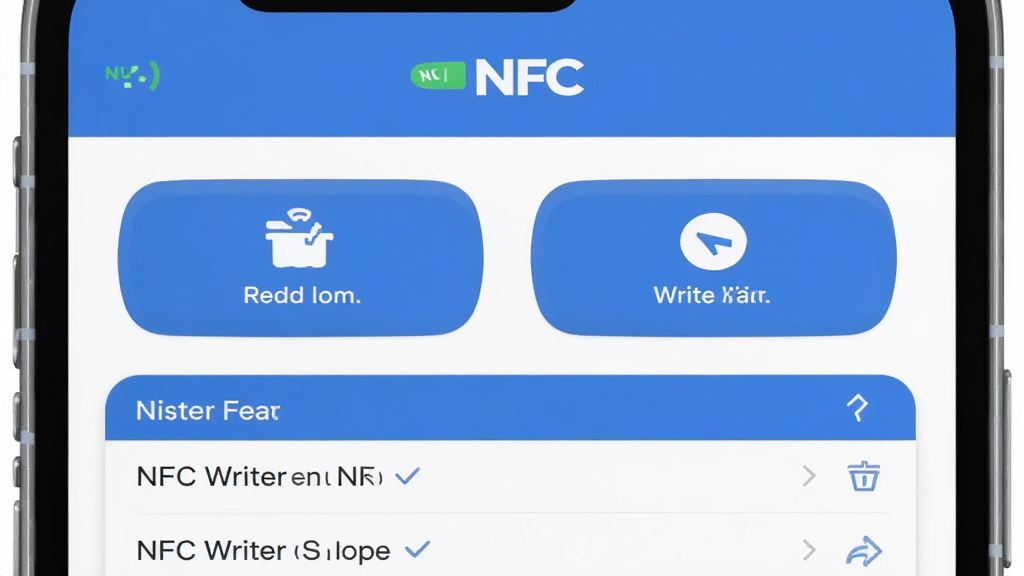 NFC Writer �ֻ�Ӧ�������棬������ʾNFC״̬ͼ�꣬�м��Ƕ�ȡ��д��������ť���·�����ʷ��¼�б������岼�ּ��������������ɫ���ִ���ƽ���ϸ��Բ�󣬻��ʸɾ����޶���Ԫ��