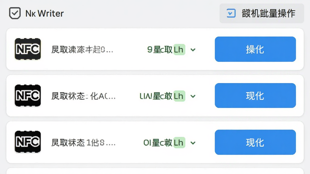 NFC Writer �����������棬�б���ʾ���NFC��ǩ��Ŀ��ÿ����Ŀ�ж�ȡ״̬��д�밴ť��������ȫѡ����������ѡ�����Ϊǳɫ���⣬�������룬ͼ�����������ʸɾ��޶���Ԫ��