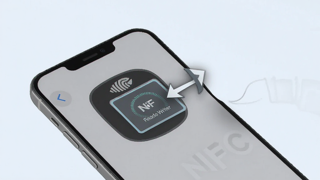 NFC Writer ����ʾ��ͼ���ֻ�����NFC��Ӧ�����׼NFC��ǩ����Ļ��ʾ��ȡ�ж����������࣬�м�ͷָʾ��׼λ�ã�ǳɫ���������ʸɾ��޶���Ԫ��