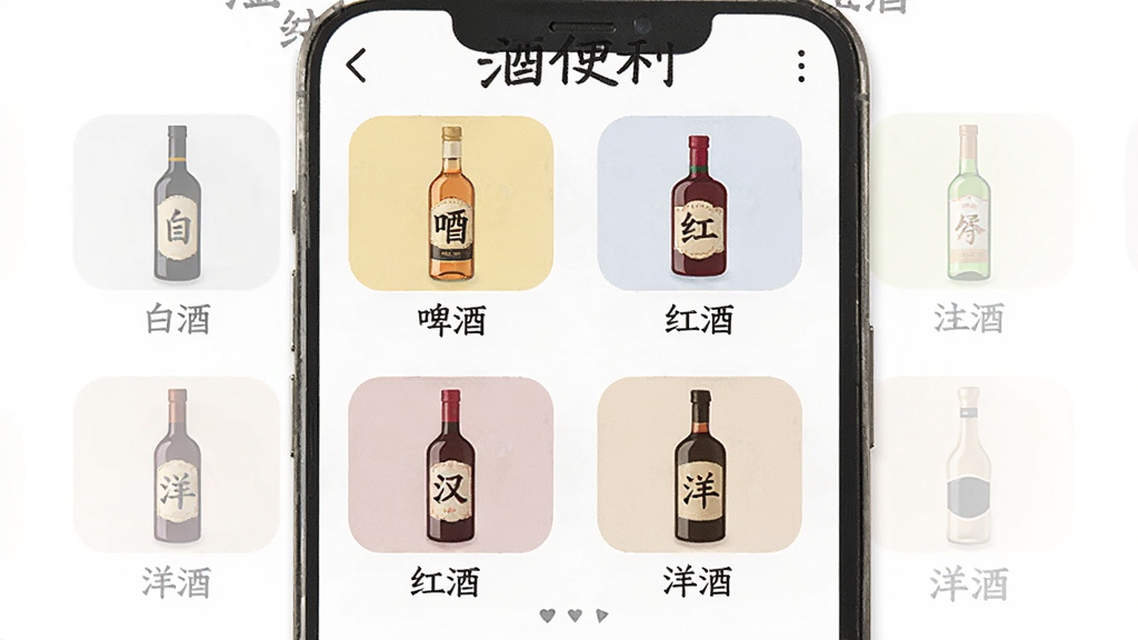 �Ʊ��� App ����ҳ�棬����Ϊ�ֻ���Ļ������չʾ�׾ơ�ơ�ơ���ơ���Ƶȷ���ͼ�꣬�Ű�����״����������죬ϸ��ͼ����о�ƿԪ�أ����ʸɾ����޶���Ԫ�أ�ͼƬ�����ְ������Ʊ�����