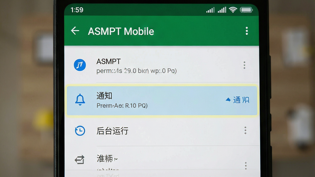 һ��չʾ��ASMPT Mobile��Ȩ�����ý����ͼƬ���������ֻ���Ļ��ʾӦ��Ȩ�޹���ҳ�棬����Ϊ�б�ʽ�����Ϊ��׿ԭ�����÷��ϸ���ϸ�����ʾ��֪ͨ���͡���̨���С�Ȩ��ѡ����ʸ��壬�ɾ����޶���Ԫ��