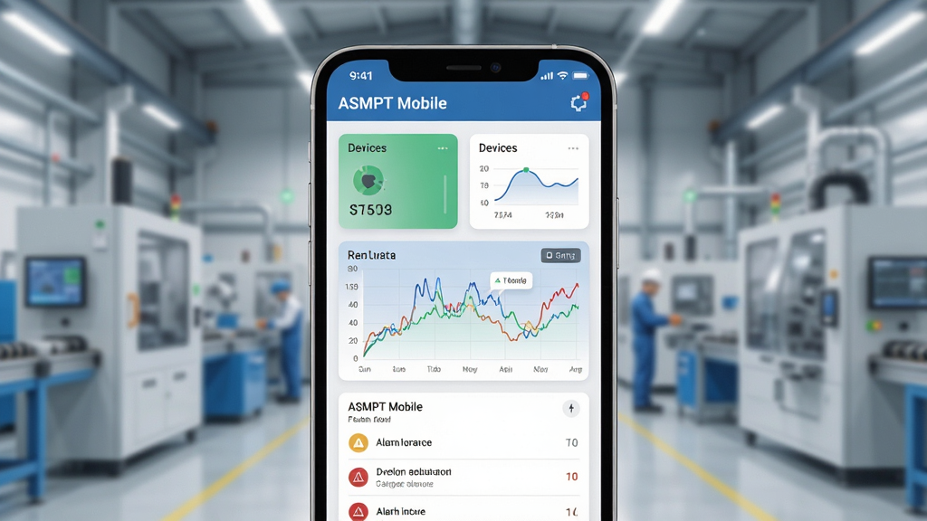һ��չʾ��ASMPT Mobile���������Ľ����ͼƬ��������һ�������ֻ�����Ļ����ʾ�Ź�ҵ�豸����Ǳ��̣����ְ����豸״̬��Ƭ��ʵʱ��������ͼ�ͱ�����Ϣ�б����Ű������������Ϊ�ִ��Ƽ��б�ƽ����ƣ�ϸ�����ֻ��߿�Բ�󣬱�����ģ�����ִ����������䣬���ʸ��壬�ɾ����޶���Ԫ��