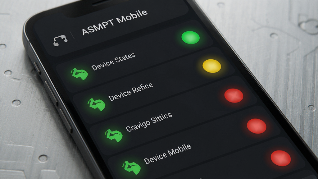 һ��չʾ��ASMPT Mobile��ʵʱ��ع��ܵ�ͼƬ���������ֻ���Ļ��ʾ�豸״̬�б���ÿ���豸�Ա�����ɫ���С���ɫ��������ɫ������Բ��ָʾ�ƣ�����Ϊ��ֱ�б������Ϊ����ҵ�磬ϸ����ָʾ����΢��Ч�������ʸ��壬�ɾ����޶���Ԫ��
