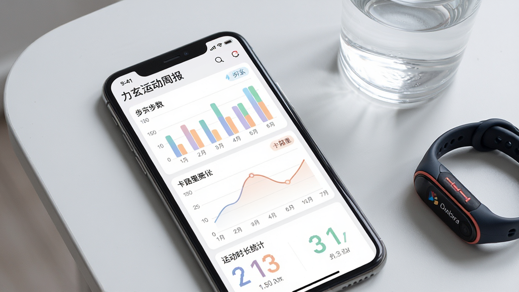 �����˶� App ���ݿ�����棬�ֻ���Ļ�Ϸ���ʾ�������˶����ܱ�ҳ�棬����������״ͼ����·������ͼ���˶�ʱ��ͳ�ƣ�ͼ����ɫ��ͣ������Ǹɾ���ǳ�����棬�ֻ��Ա߷���һ��ˮ���˶��ֻ������־��У�����Լ���ݿ��ӻ���ϸ�ھ��£����ʸ��壬�޶���Ԫ��