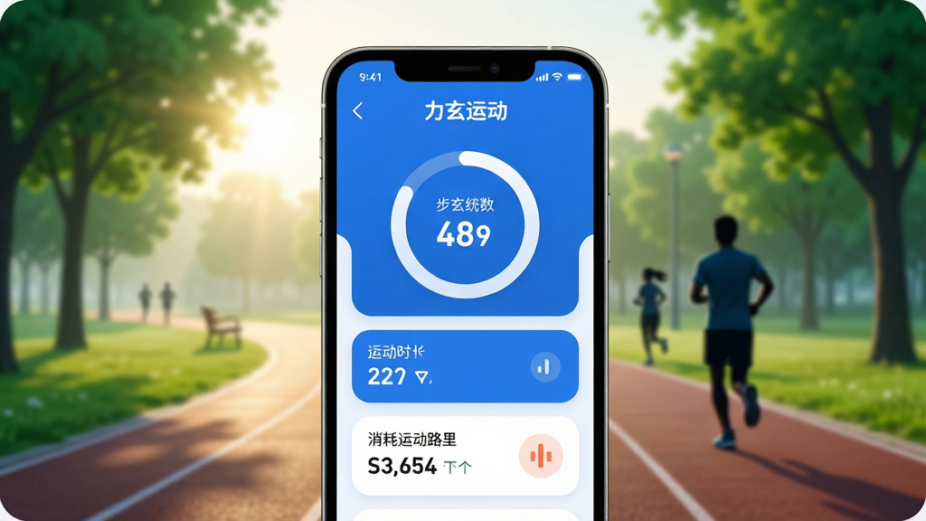 �����˶� App ������չʾ������������һ���ֻ�����Ļ��ʾ�������˶���Ӧ����ҳ����������ͳ��Բ�����˶�ʱ�������Ŀ�·������ݿ�Ƭ���������峿��԰�ܵ����������������ߵļ�Ӱ�����岼���������Ű�������Ϊ��ɫ��������ִ���࣬ϸ��Բ�󣬻��ʸɾ����޶���Ԫ��