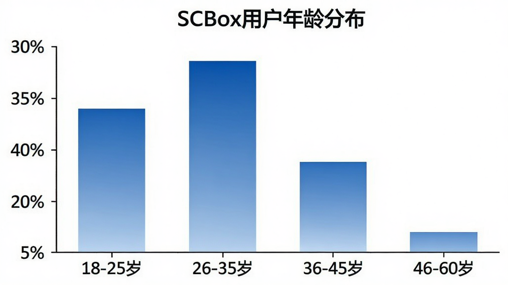 一张柱状图图片,标题为“SCBox用户年龄分布”,横轴为年龄段“18-25岁”“26-35岁”“36-45岁”“46-60岁”,纵轴为百分比,柱状图显示18-25岁占比30%,26-35岁占比45%,36-45岁占比20%,46-60岁占比5%,柱子颜色为蓝色渐变,背景白色,风格简洁,画质清晰。