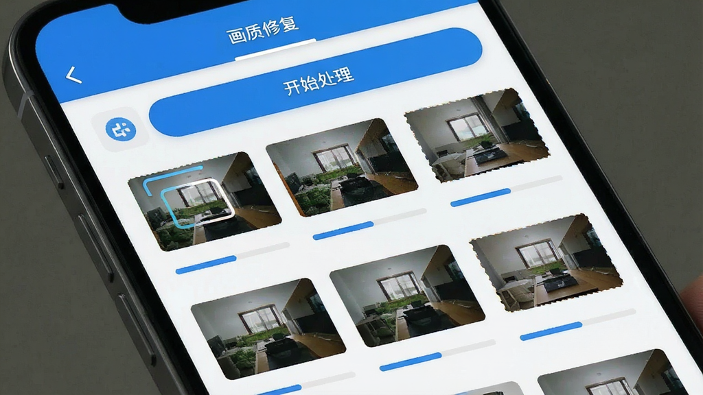 一张手机屏幕截图,显示“画质修复”应用的批量处理界面,列表中有多张缩略图,每张图下方有进度条,顶部有“开始处理”按钮,界面风格简洁现代,蓝白配色,画质干净,无多余元素