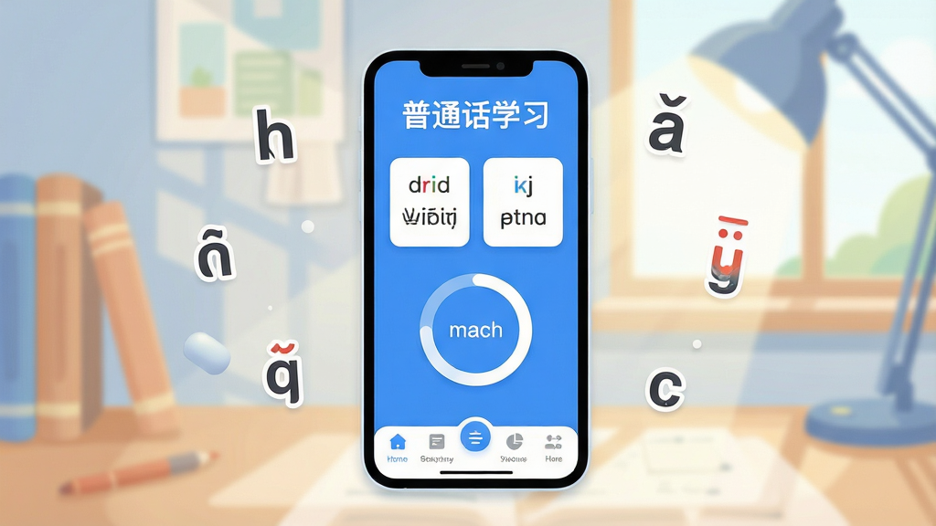 软件名称“普通话学习”主界面全貌,画面中央展示手机屏幕,屏幕内是清爽的蓝白配色学习界面,顶部有“普通话学习”标题,中间是拼音卡片和跟读打分圆环,底部是功能导航栏,背景是柔和的书桌场景,阳光从窗户洒入,风格现代扁平,细节圆润,画质干净无多余元素,手机周围漂浮着拼音字母和声调符号的装饰元素。