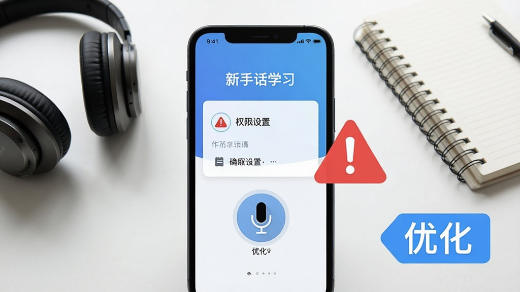 在“普通话学习”软件的新手引导页面,画面展示手机屏幕特写,屏幕内显示权限设置和麦克风图标,旁边有红色警示标志和蓝色优化标签,手机放在桌面上,周围有耳机和笔记本,风格简洁教程风,画质干净,无多余元素。