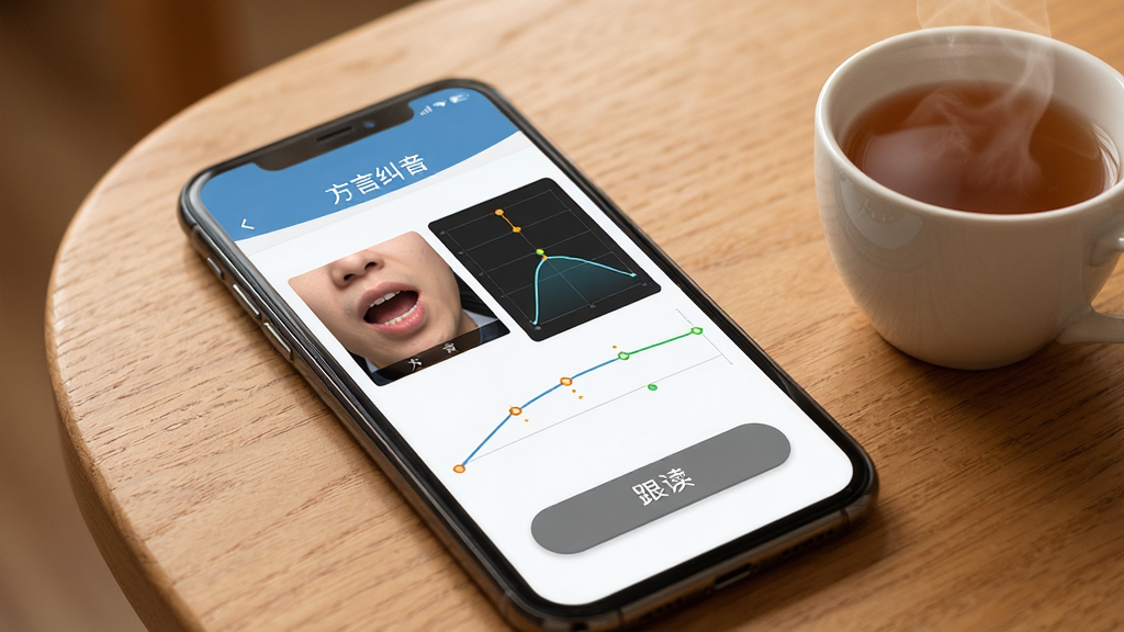 在“普通话学习”软件内,展示方言纠音训练页面,画面主体是手机屏幕特写,屏幕内显示“方言纠音”板块,左侧是发音口型视频窗口,右侧是声调曲线图,底部有跟读按钮,手机放置在木质桌面上,旁边有一杯冒热气的茶,风格温馨学习氛围,画质清晰干净,无多余元素。