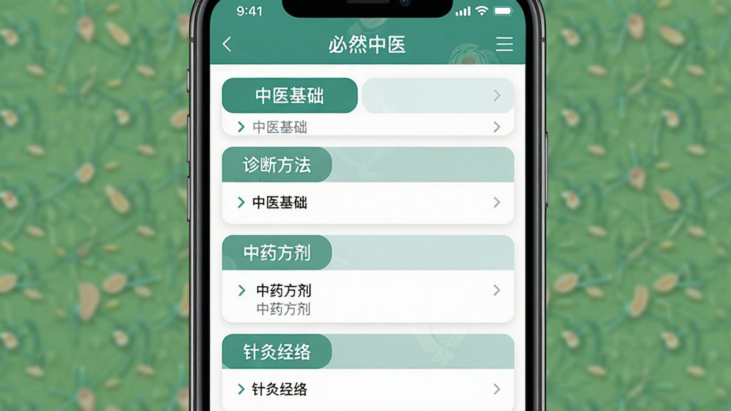 一张展示必然中医知识体系化整理功能的图片,画面中手机屏幕显示必然中医APP的目录页,能看到中医基础、诊断方法、中药方剂、针灸经络等分类标签,每个分类下面有细分的条目,界面布局清晰,文字标签明确,风格现代扁平,画质干净无多余元素