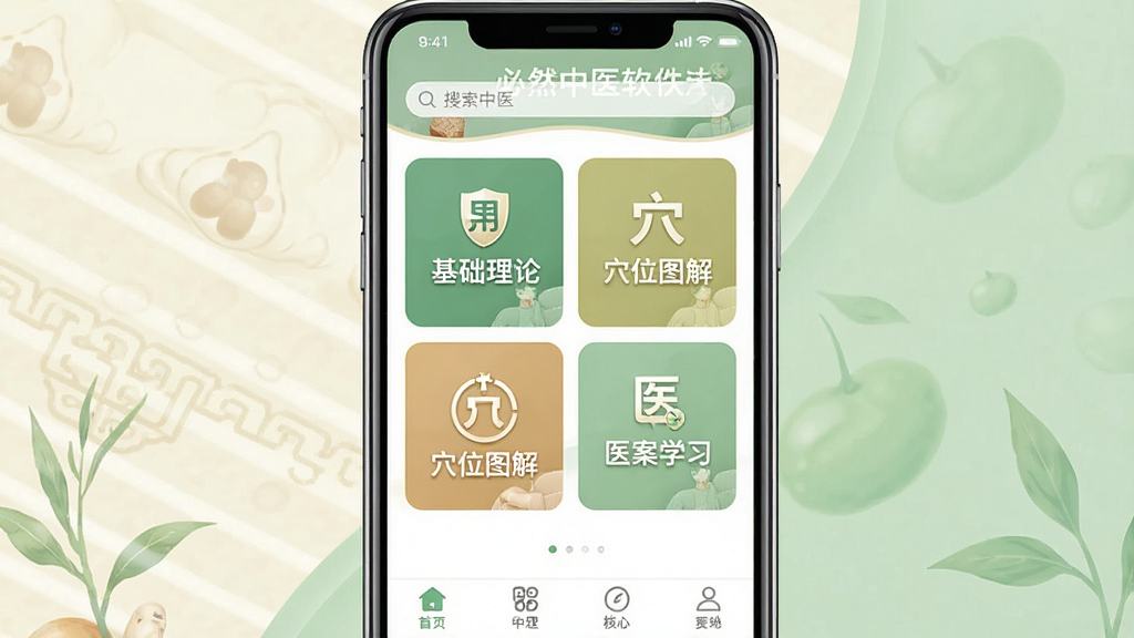 一张展示必然中医软件核心全貌的图片,画面中央是手机屏幕,屏幕里显示必然中医APP的主界面,顶部有搜索栏,中间是中医基础理论、方剂大全、穴位图解、医案学习几个功能卡片,底部是导航栏,背景是淡雅的米白色和浅绿色搭配,整体风格简洁干净,画质清晰,无多余元素