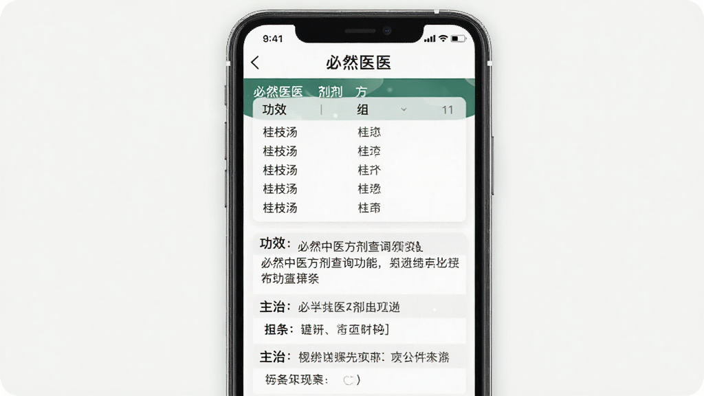 一张展示必然中医方剂查询功能的图片,手机屏幕显示必然中医APP的方剂详情页,页面中有桂枝汤的组成列表、功效说明、主治条目,排版整齐,背景是浅色,文字清晰,风格简洁,画质干净无多余元素
