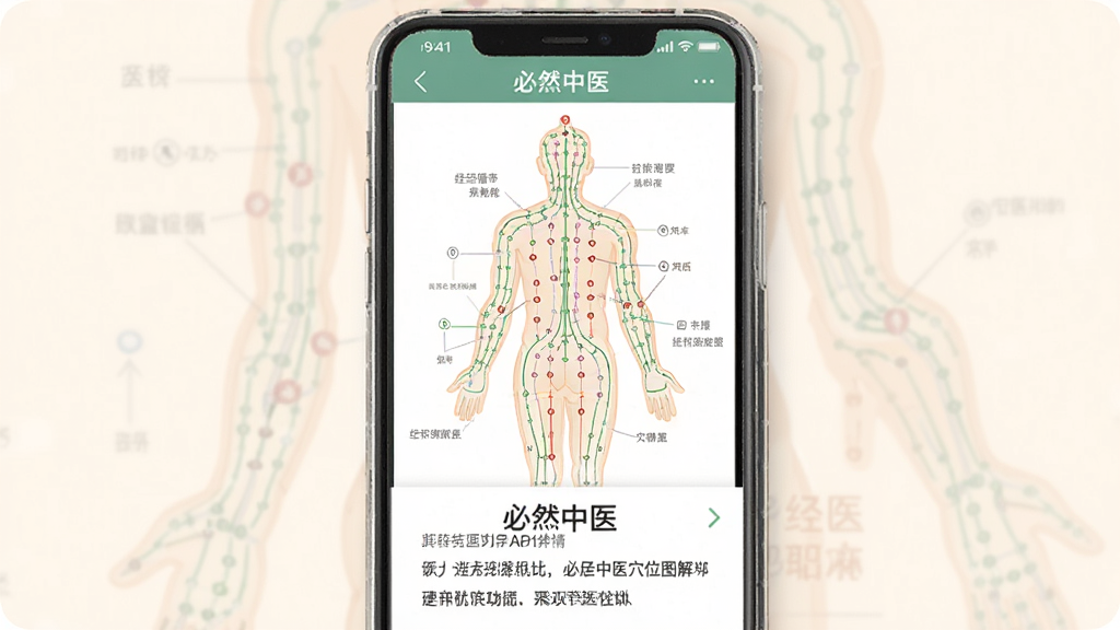 一张展示必然中医穴位图解功能的图片,手机屏幕显示必然中医APP的穴位详情页,画面中有经络循行示意图和穴位定位标注,文字说明在下方,整体色调柔和,排版清晰,风格简洁,画质干净无多余元素