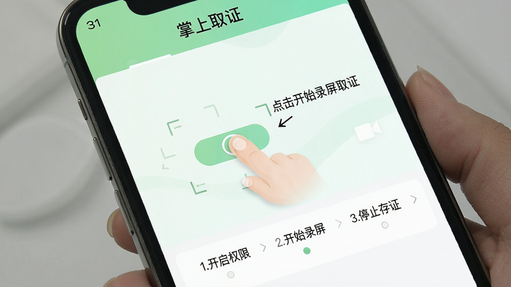 һ��չʾ������ȡ֤��APP�������������ͼƬ����Ļ����ʾһ����ָ�����ť�Ķ������Ա���������ʾ�������ʼ¼��ȡ֤�����·��в���ָʾ������ʾ��1.����Ȩ�� 2.��ʼ¼�� 3.ֹͣ��֤�������������£���ǳ��ɫ�Ͱ�ɫΪ���������������޶���Ԫ��