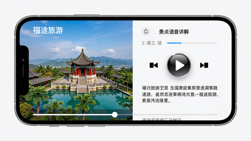画面主体是一部手机横屏展示“福途旅游”的景点语音讲解界面,屏幕左侧是景点图片,右侧是播放控制区和文字简介,底部有进度条。排版采用左右分栏,风格为简约现代,细节上播放按钮有高光效果,文字清晰易读。画质高清,背景为纯色,干净无多余元素,体现专注听讲解的氛围。