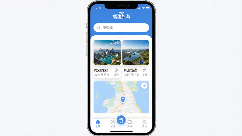 画面主体是一个智能手机,屏幕上显示“福途旅游”APP的主界面,界面布局简洁,顶部有搜索框,中间是推荐景点卡片和地图预览,底部有导航栏。排版采用居中构图,风格为现代扁平化设计,细节上图标圆润、文字清晰。画质高清,背景干净无多余元素,整体色调以蓝白为主,给人清新可靠的出行工具感。
