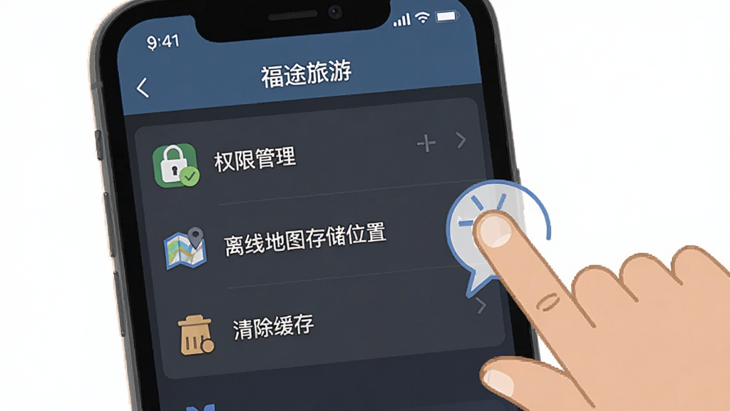 画面主体是一个手机屏幕截图,展示“福途旅游”的设置页面,页面上有“权限管理”、“离线地图存储位置”、“清除缓存”等选项,旁边有手指点击的示意动画。排版采用列表式布局,风格为扁平化设计,细节上图标简洁,文字清晰。画质高清,背景干净,无多余元素,突出操作指引感。