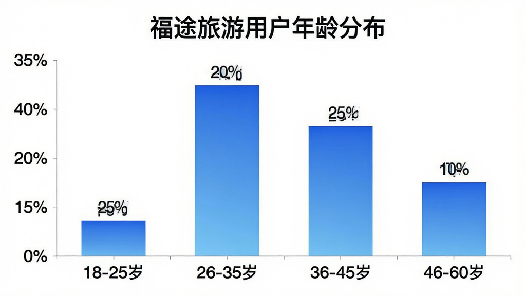 画面主体是一个柱状图,标题为“福途旅游用户年龄分布”,横轴标注“18-25岁”、“26-35岁”、“36-45岁”、“46-60岁”,纵轴为百分比,柱子高度依次为25%、40%、25%、10%,柱体颜色为渐变的蓝色。排版简洁,风格为数据可视化图表,细节上数字标注清晰,背景为白色。画质干净,无多余元素,直观展示用户年龄构成。