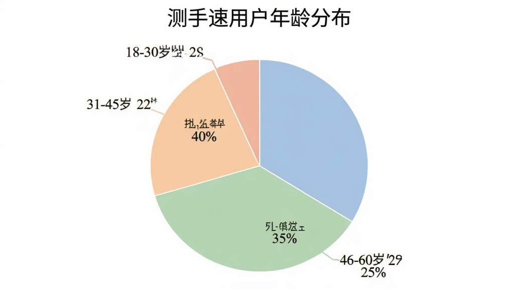 饼状图展示用户年龄分布,18-30岁占比40%,31-45岁占比35%,46-60岁占比25%,图表标题为“测手速用户年龄分布”,颜色柔和,风格简洁,细节清晰,画质干净