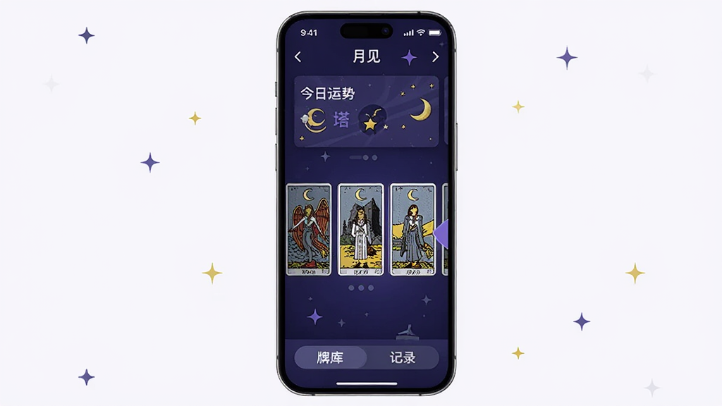 手机屏幕展示塔罗牌占卜应用“月见”的主界面,主体是一部竖屏手机,布局为顶部显示今日运势卡片,中间是塔罗牌阵选择区域,底部有牌库和记录选项卡,排版简洁清晰,风格为神秘深蓝紫色调,细节包括星月点缀和牌面纹理,画质干净无多余元素