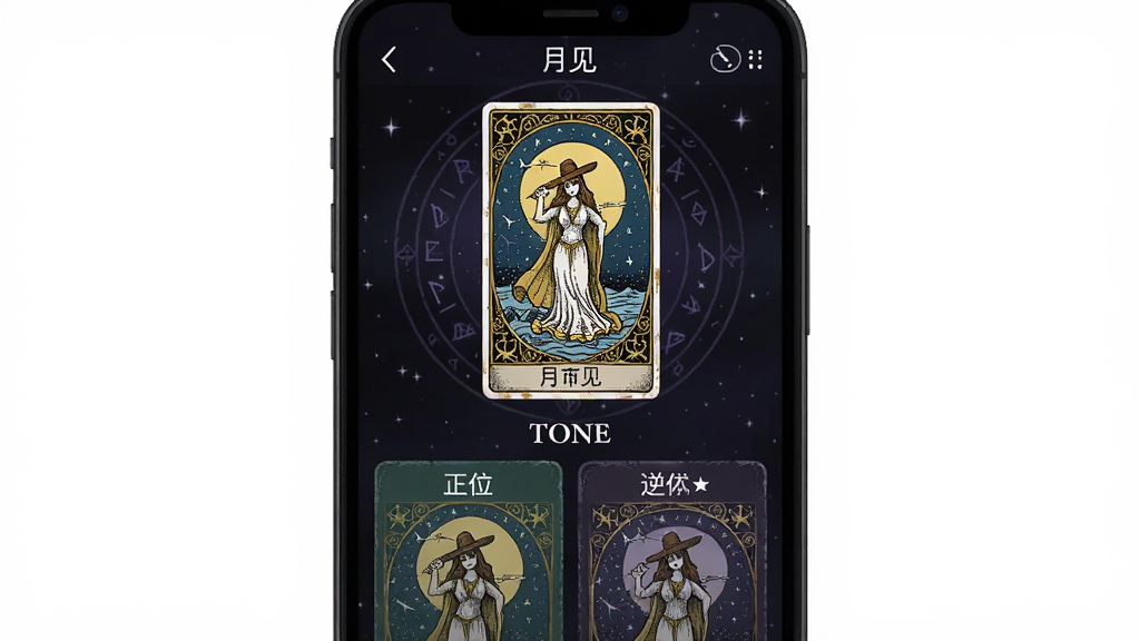 塔罗牌占卜应用“月见”的牌义详情界面,主体为手机屏幕,布局为上方显示一张塔罗牌图案,下方是正位和逆位解读文字区域,排版为上下结构,风格为暗色系神秘风格,细节包括牌面插画和文字排版清晰,画质干净无多余元素