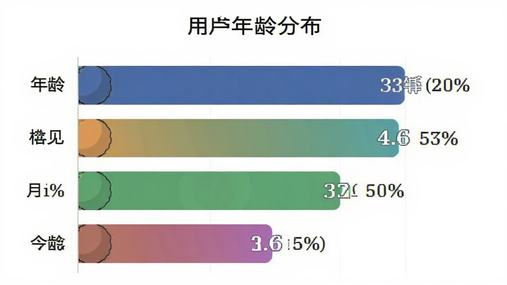 塔罗牌占卜应用“月见”的用户年龄分布柱状图,主体为柱状图表,布局为横向柱状图显示各年龄段占比,排版为左侧年龄标签右侧柱状条,风格为扁平化数据可视化,细节包括百分比标注和颜色区分,画质干净无多余元素