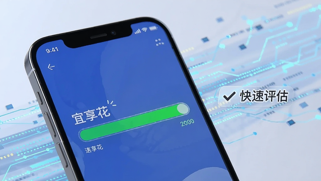 画面中一部手机正在显示“宜享花”的额度评估进度条,进度条接近满格,旁边有“快速评估”的文字标识,背景是科技感的数据流线条,风格简洁明亮,画质干净