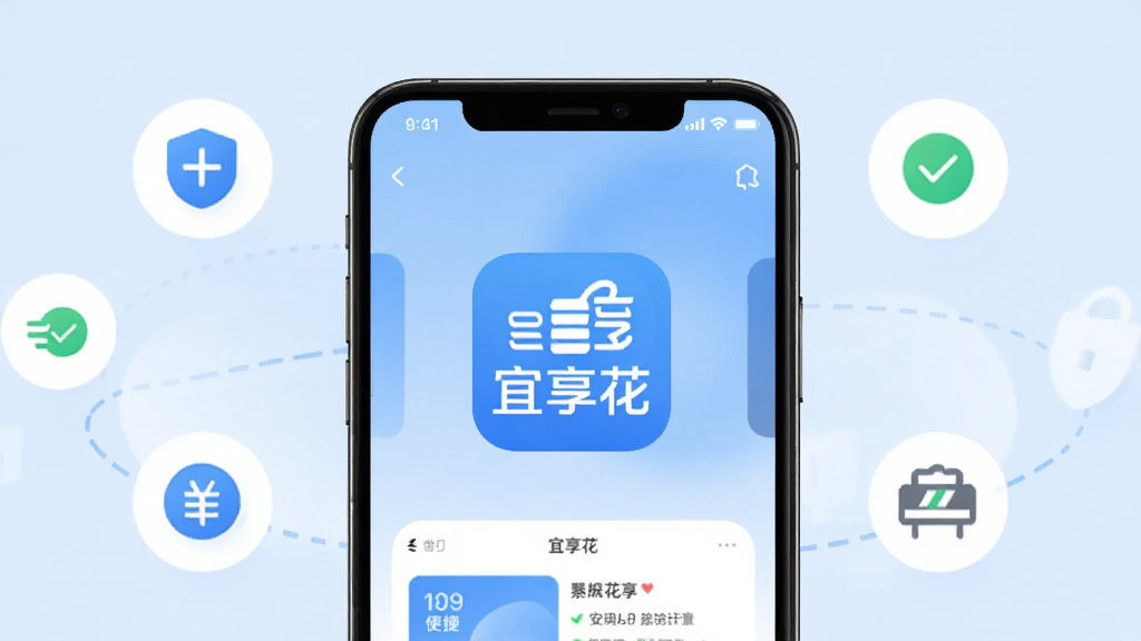 手机屏幕中央展示“宜享花”App的Logo和主界面,背景是干净的浅蓝色渐变,周围环绕着代表安全、快速、便捷的图标元素,整体风格现代简约,画质清晰,无多余杂乱元素