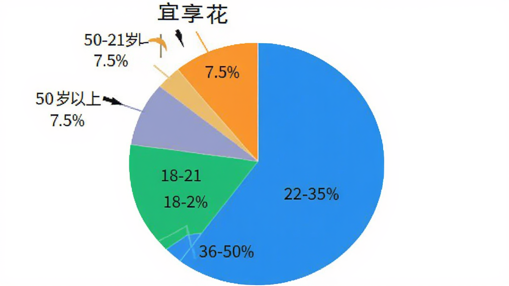 饼状图展示“宜享花”用户年龄分布,22-35岁占60%,36-50岁占25%,18-21岁占7.5%,50岁以上占7.5%,配色清晰,数据标注明确,画质干净无多余元素