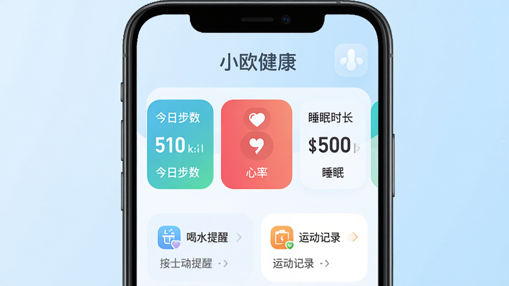 小欧健康软件主界面展示图,画面中央是手机屏幕,屏幕上显示小欧健康APP的首页,顶部有“小欧健康”文字标识,中间是今日步数、心率、睡眠时长三个数据卡片,下方是喝水提醒和运动记录入口,背景为浅蓝色渐变,整体风格简洁清爽,图标圆润,文字清晰,画质干净,无多余元素