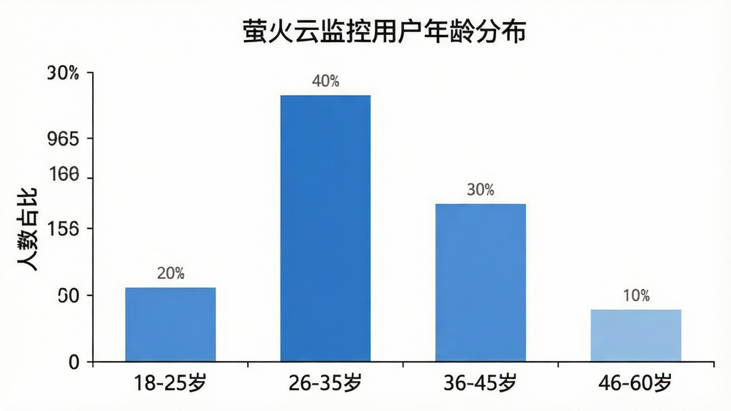 一张数据统计柱状图,标题为“萤火云监控用户年龄分布”,横轴是年龄段“18-25岁”、“26-35岁”、“36-45岁”、“46-60岁”,纵轴是人数占比,柱状图显示26-35岁占比最高为40%,36-45岁占比30%,18-25岁占比20%,46-60岁占比10%,图表风格简洁明了,颜色为蓝色系,背景干净,无多余元素。
