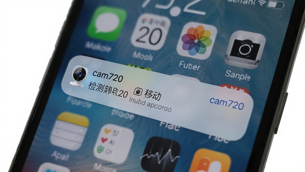 一张展示cam720移动侦测提醒的图片,画面中手机锁屏界面弹出一条通知,通知内容显示cam720检测到客厅有移动,通知旁边有一个摄像头小图标,背景为手机桌面,风格日常,画质干净