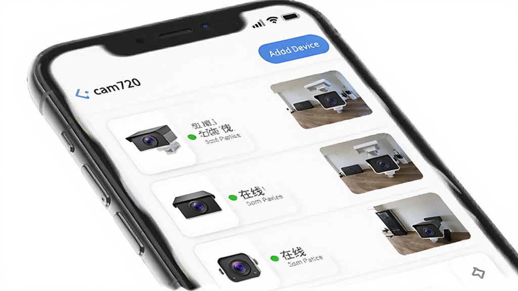 一张展示cam720多设备管理界面的图片,画面中手机屏幕显示一个列表,列表中有四个摄像头设备图标,每个设备旁边有在线状态标识和缩略预览图,屏幕顶部有添加设备按钮,背景为白色,风格简洁清晰,画质干净